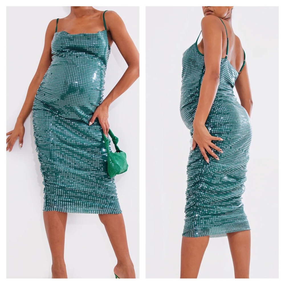 Prettylittlething Maternity NWT Emerald Green Sequin Cowl Neck Ruched Dress